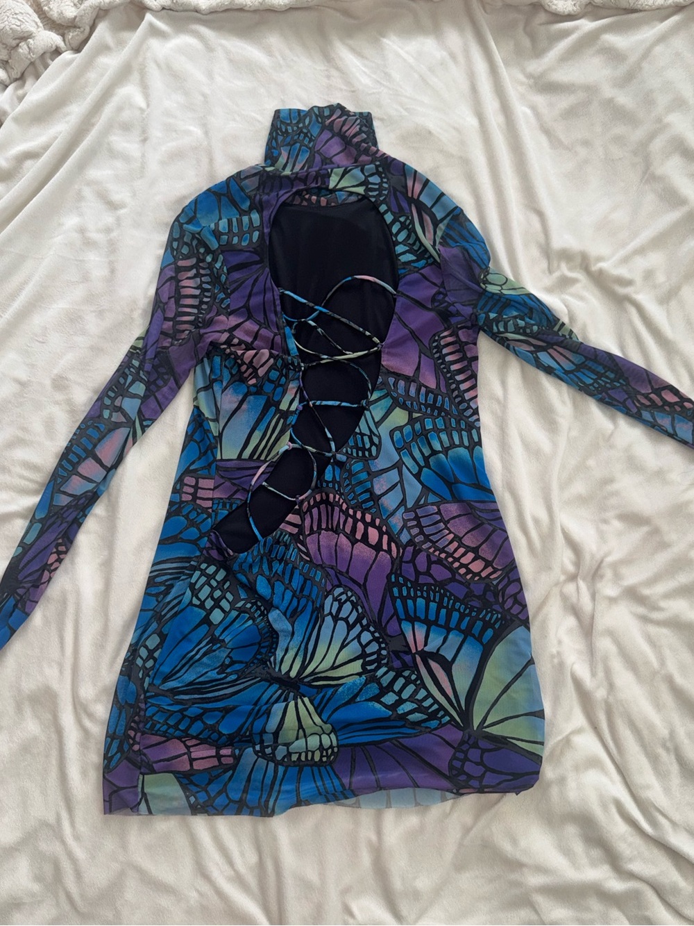 AFRM Butterfly-Print Lace-Up Open-Back Mini Dress in Purple & Blue - Picture 7 of 10